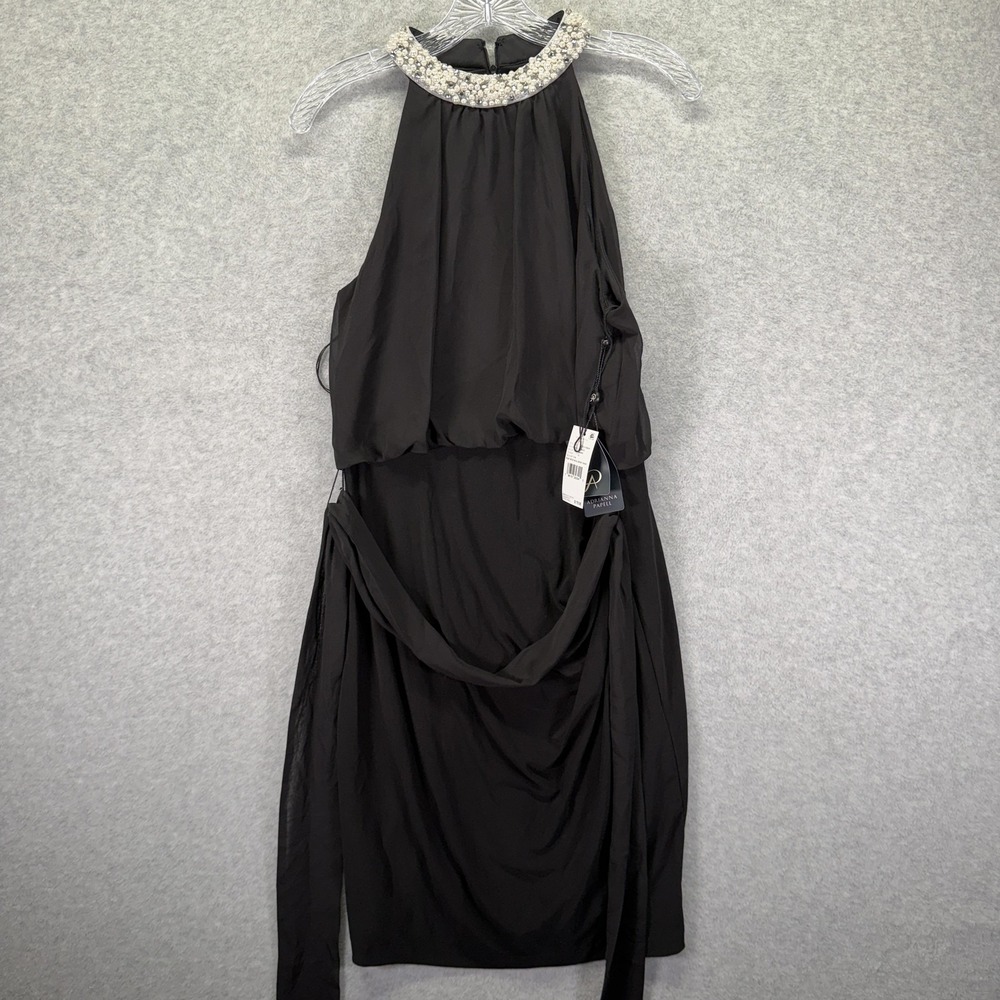 Adrianna Papell Dress Womens 10 Black Pearl Mock Neck Halter Beaded AP1E210524